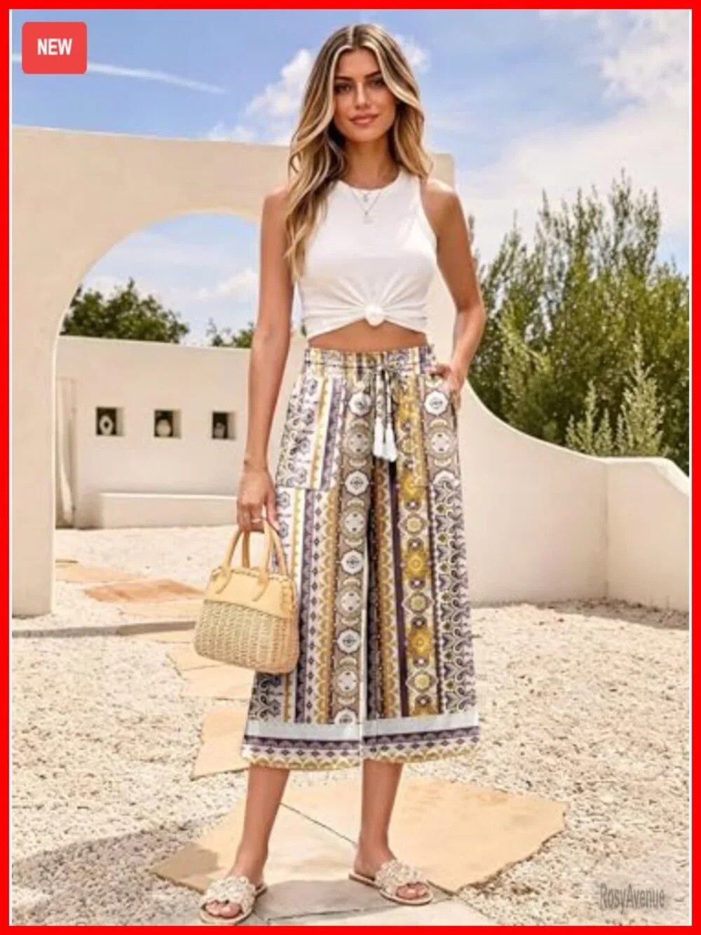 Wide Leg Capri Pants High Waisted Drawstring Palazzo Cropped Trousers with